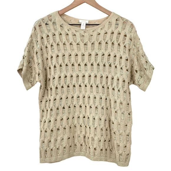 Chico's Short Sleeve Sweater Gold Shimmer Metallic Loose Knit 100% Cotton | 2 - Picture 8 of 11